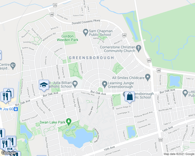 map of restaurants, bars, coffee shops, grocery stores, and more near 10 Delray Drive in Markham