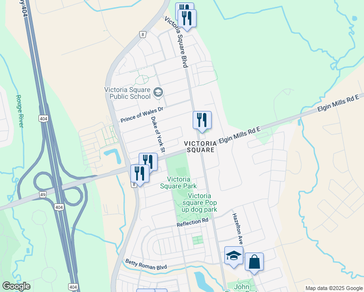 map of restaurants, bars, coffee shops, grocery stores, and more near 2968 Elgin Mills Road East in Markham