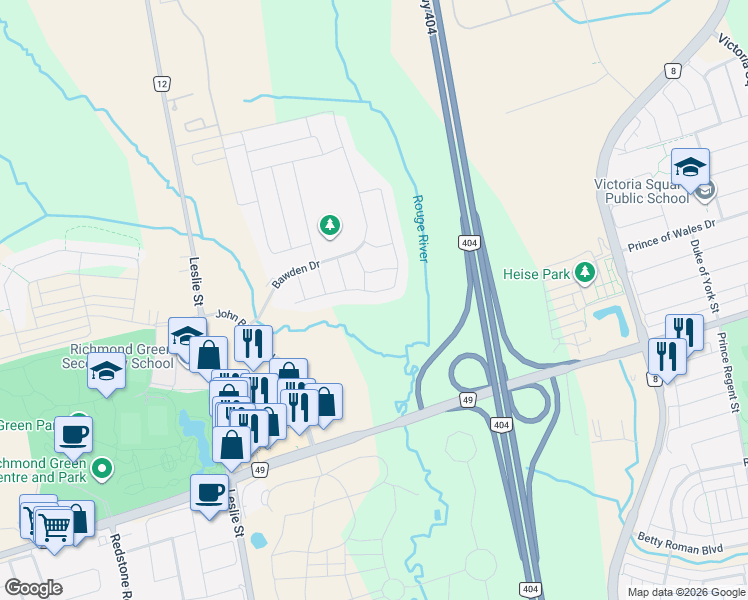 map of restaurants, bars, coffee shops, grocery stores, and more near 55 Gerden Drive in Richmond Hill
