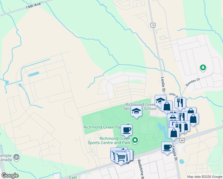 map of restaurants, bars, coffee shops, grocery stores, and more near 112 Ness Drive in Richmond Hill