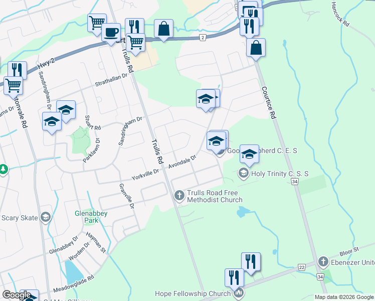 map of restaurants, bars, coffee shops, grocery stores, and more near 18 Avondale Drive in Courtice