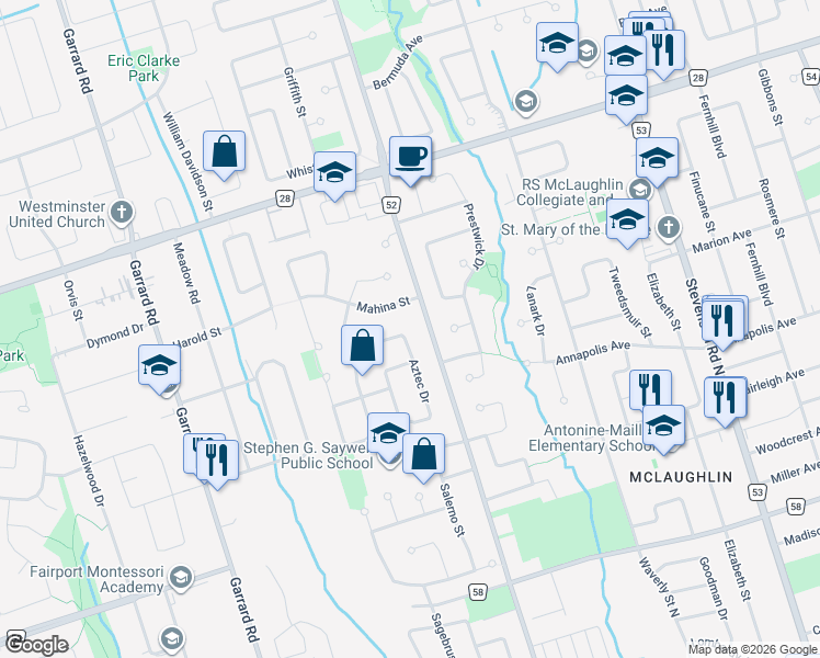 map of restaurants, bars, coffee shops, grocery stores, and more near 487 Aztec Drive in Oshawa