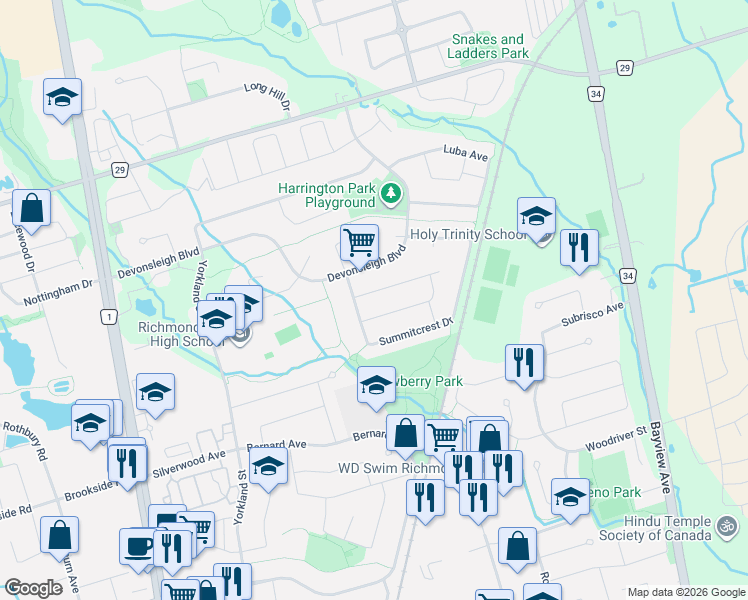 map of restaurants, bars, coffee shops, grocery stores, and more near 10 Pine Bough Manor in Richmond Hill