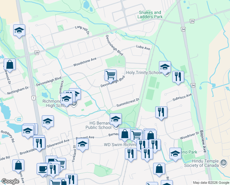 map of restaurants, bars, coffee shops, grocery stores, and more near 10 Pine Bough Manor in Richmond Hill