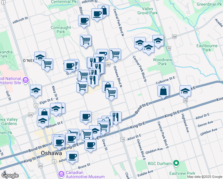 map of restaurants, bars, coffee shops, grocery stores, and more near 133 Ritson Road North in Oshawa