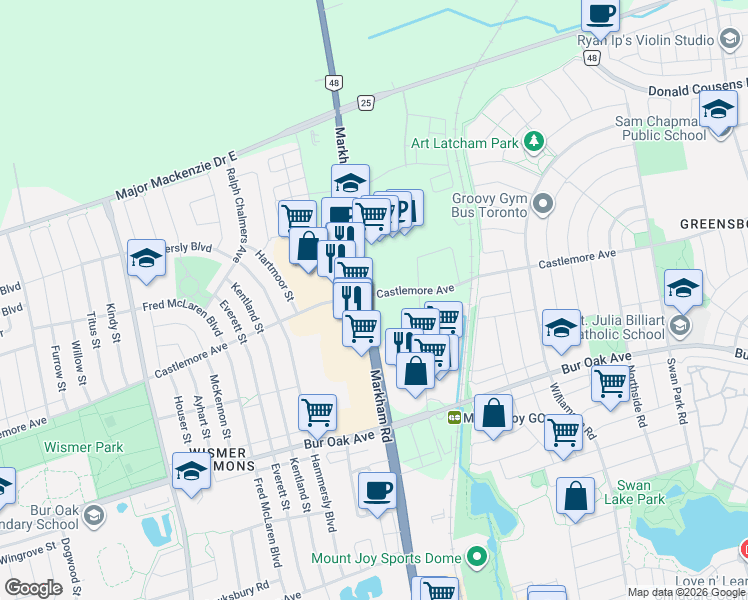 map of restaurants, bars, coffee shops, grocery stores, and more near 9763 Markham Road in Markham