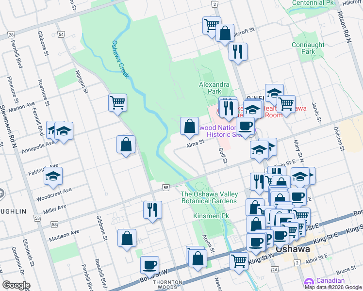 map of restaurants, bars, coffee shops, grocery stores, and more near 168 Alma Street in Oshawa