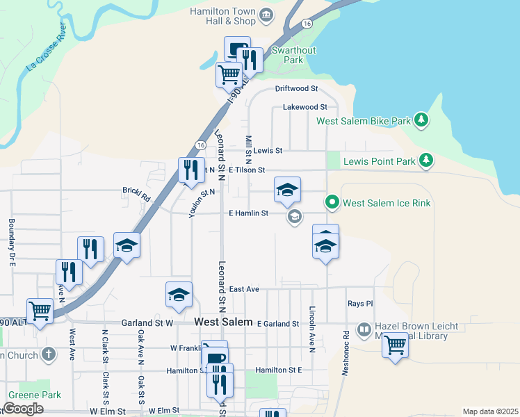 map of restaurants, bars, coffee shops, grocery stores, and more near 252 East Hamlin Street in West Salem