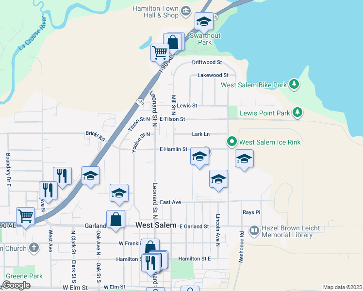 map of restaurants, bars, coffee shops, grocery stores, and more near 252 East Hamlin Street in West Salem