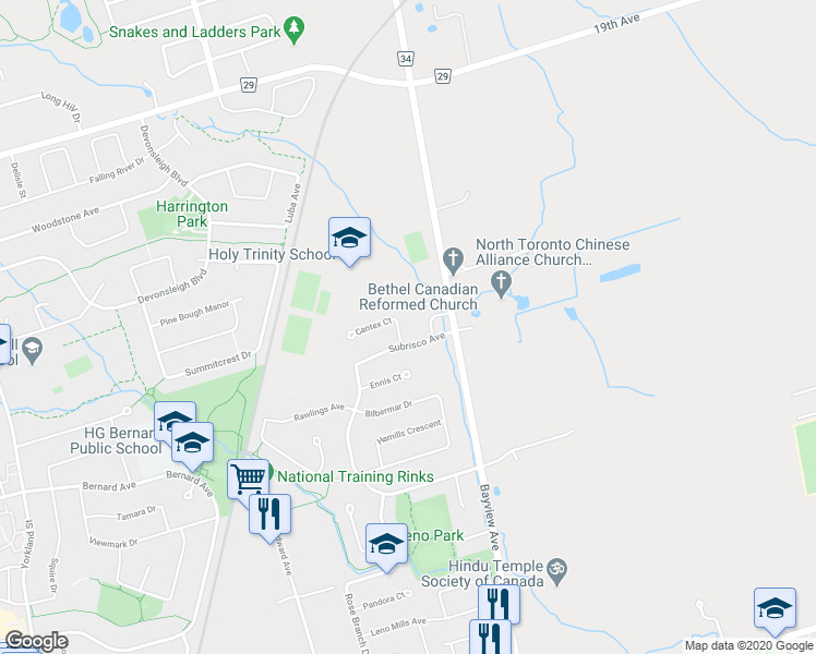map of restaurants, bars, coffee shops, grocery stores, and more near 25 Subrisco Avenue in Richmond Hill