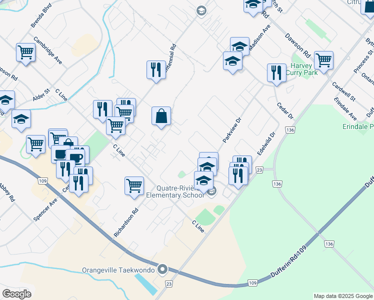 map of restaurants, bars, coffee shops, grocery stores, and more near 72 Burbank Crescent in Orangeville
