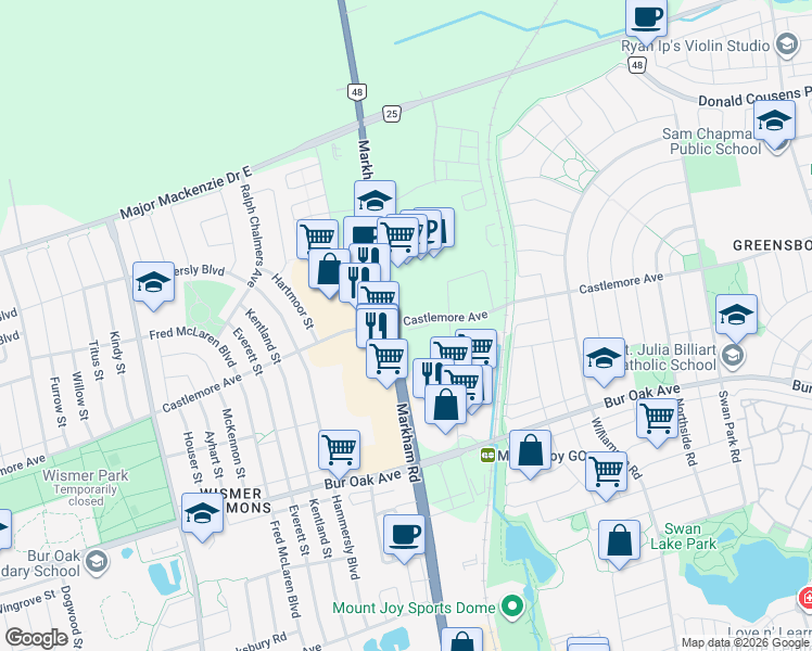 map of restaurants, bars, coffee shops, grocery stores, and more near 9793 Markham Road in Markham