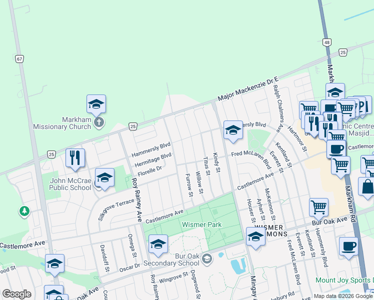 map of restaurants, bars, coffee shops, grocery stores, and more near 57 Furrow Street in Markham