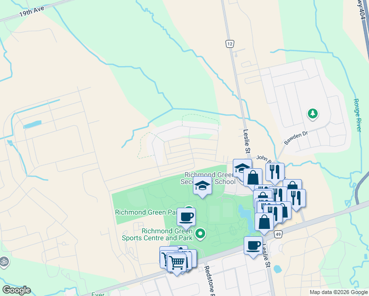 map of restaurants, bars, coffee shops, grocery stores, and more near 54 Casely Avenue in Richmond Hill