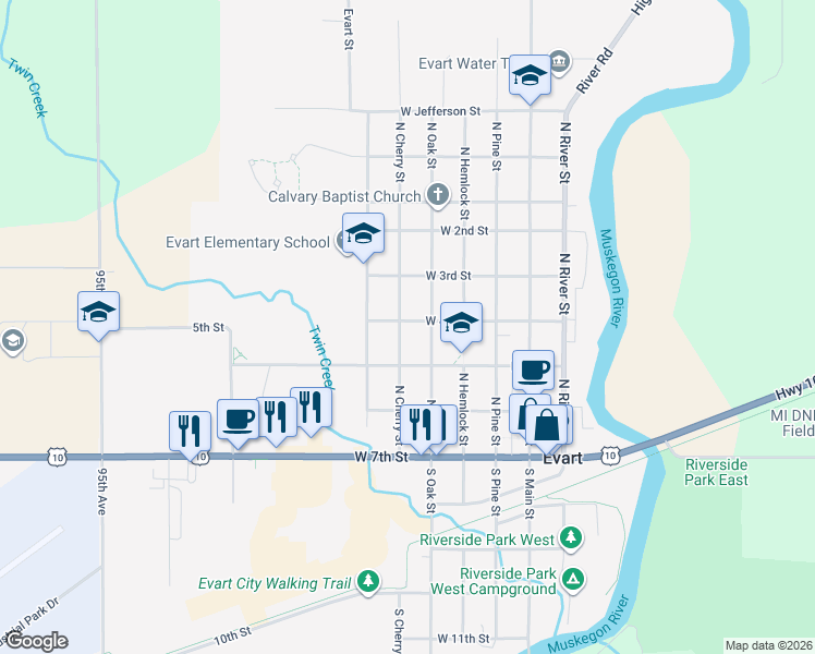 map of restaurants, bars, coffee shops, grocery stores, and more near 443 North Cherry Street in Evart