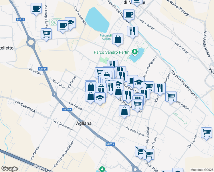 map of restaurants, bars, coffee shops, grocery stores, and more near 17 Viale Roma in Agliana