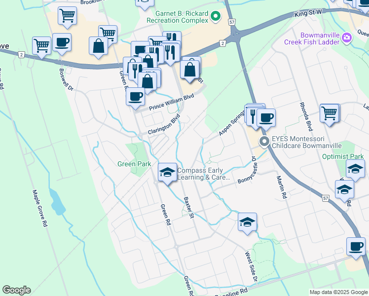 map of restaurants, bars, coffee shops, grocery stores, and more near 94 Aspen Springs Drive in Bowmanville