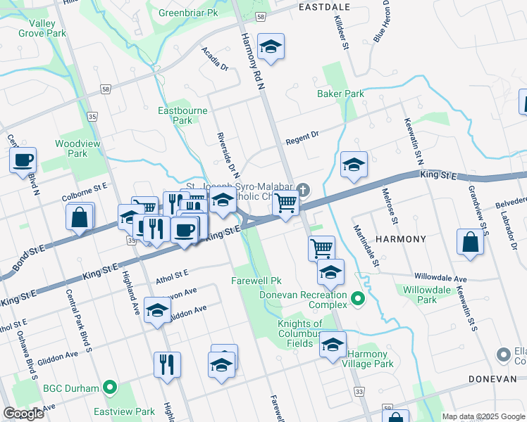 map of restaurants, bars, coffee shops, grocery stores, and more near 750 Cambridge Court in Oshawa