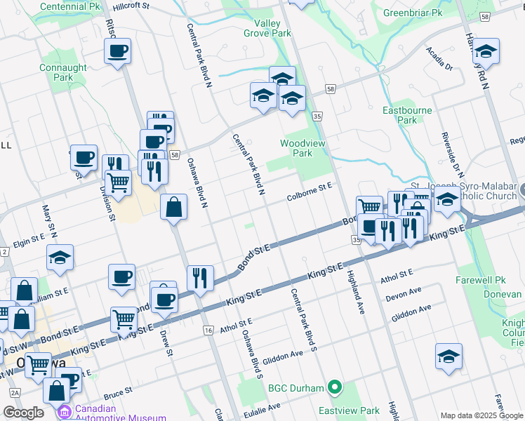 map of restaurants, bars, coffee shops, grocery stores, and more near in Oshawa