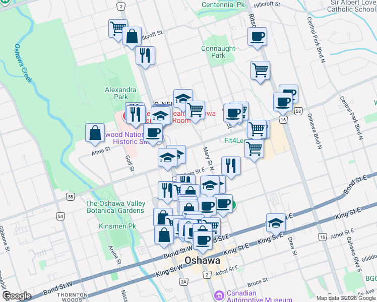 map of restaurants, bars, coffee shops, grocery stores, and more near in Oshawa