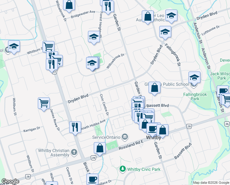 map of restaurants, bars, coffee shops, grocery stores, and more near 68 Palomino Place in Whitby