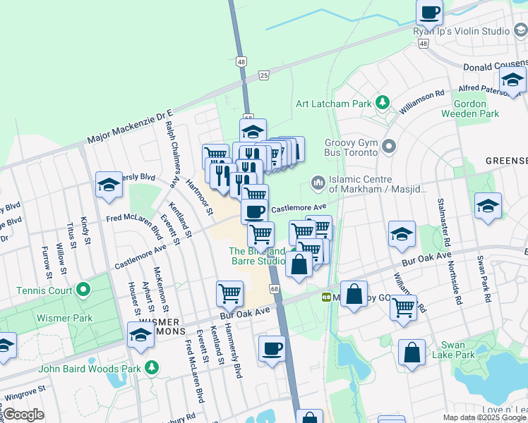 map of restaurants, bars, coffee shops, grocery stores, and more near Markham Rd & Castlemore Ave in Markham