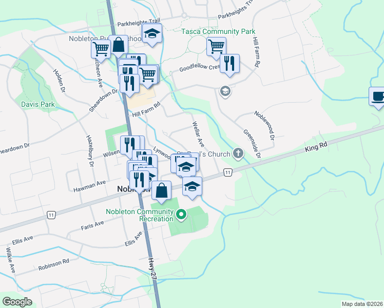 map of restaurants, bars, coffee shops, grocery stores, and more near 41 Elizabeth Drive in Nobleton