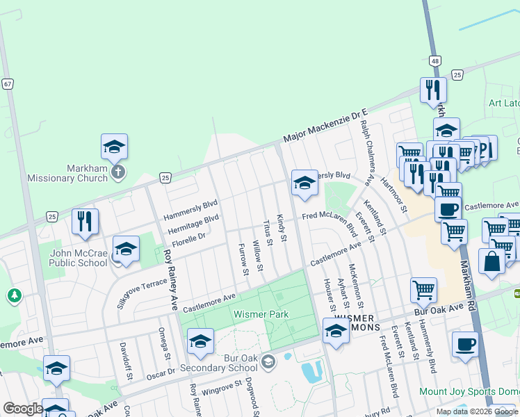 map of restaurants, bars, coffee shops, grocery stores, and more near 44 Titus Street in Markham