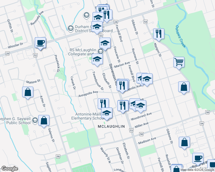 map of restaurants, bars, coffee shops, grocery stores, and more near 434 Elizabeth Street in Oshawa