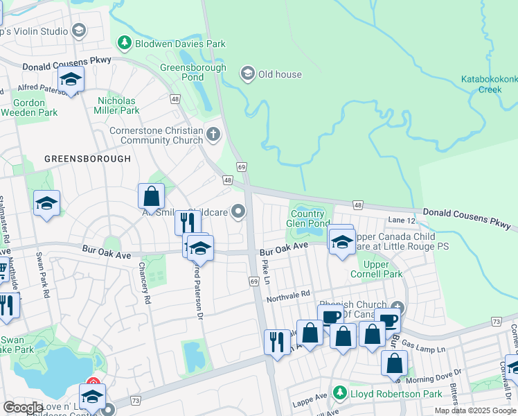 map of restaurants, bars, coffee shops, grocery stores, and more near 9533 Ninth Line in Markham