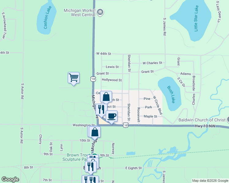 map of restaurants, bars, coffee shops, grocery stores, and more near 960 Center Street in Baldwin