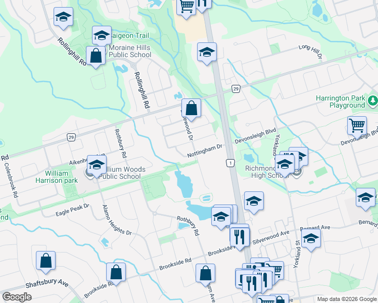 map of restaurants, bars, coffee shops, grocery stores, and more near in Richmond Hill