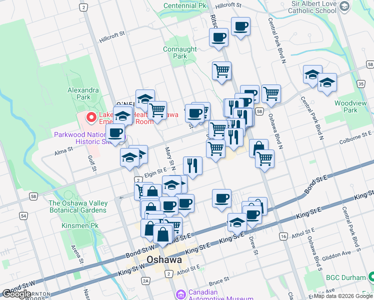 map of restaurants, bars, coffee shops, grocery stores, and more near 119 Agnes Street in Oshawa