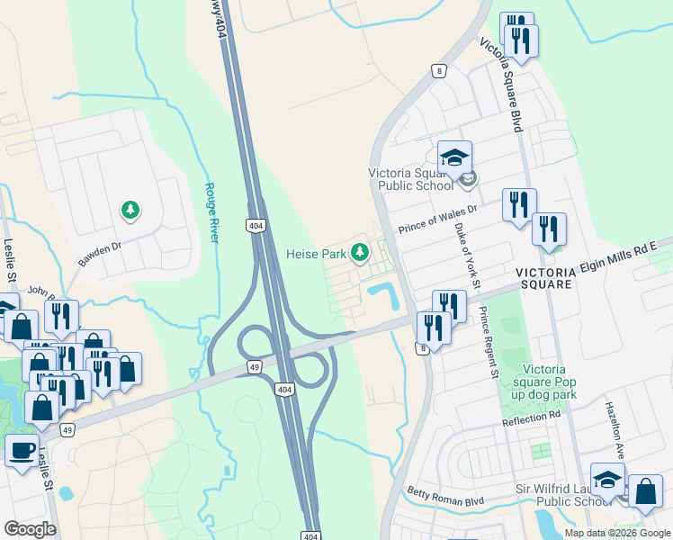 map of restaurants, bars, coffee shops, grocery stores, and more near 12 Rumney Street in Markham