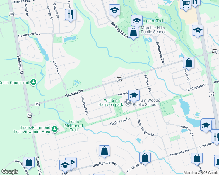map of restaurants, bars, coffee shops, grocery stores, and more near 103 Hawkes Drive in Richmond Hill
