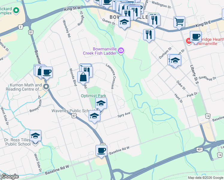 map of restaurants, bars, coffee shops, grocery stores, and more near 20 Lawrence Crescent in Clarington