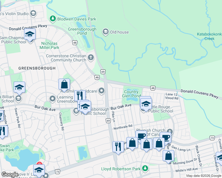 map of restaurants, bars, coffee shops, grocery stores, and more near 9535 Ninth Line in Markham