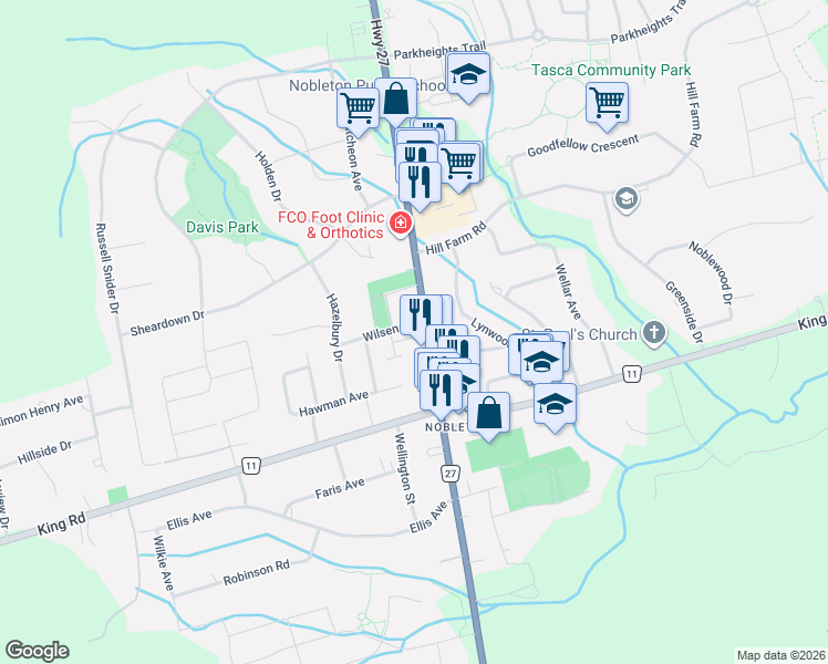 map of restaurants, bars, coffee shops, grocery stores, and more near 23 Caliber Court in Nobleton