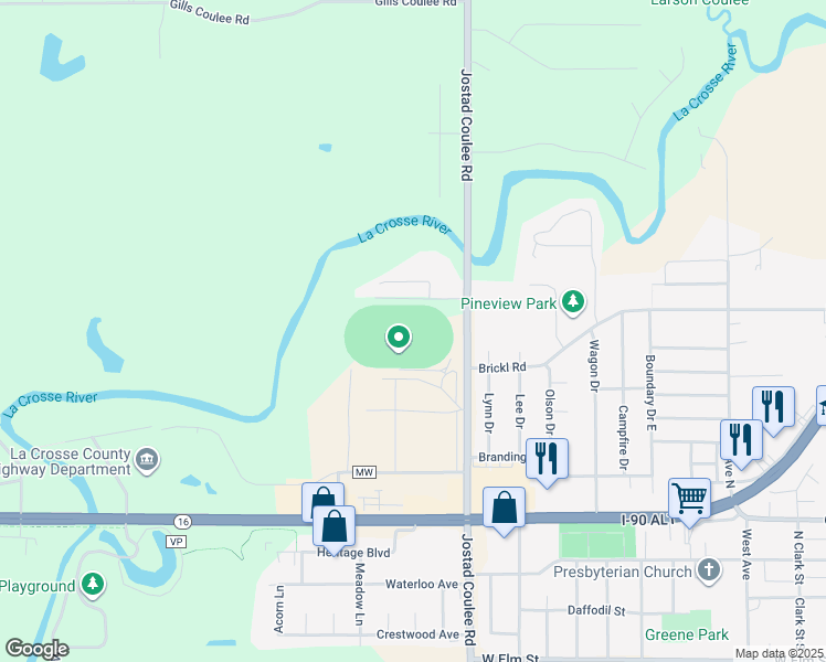 map of restaurants, bars, coffee shops, grocery stores, and more near County Road MW in La Crosse County