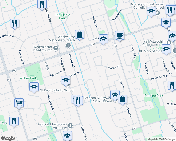 map of restaurants, bars, coffee shops, grocery stores, and more near 29 Harold Street in Whitby
