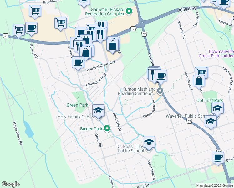 map of restaurants, bars, coffee shops, grocery stores, and more near 84 Aspen Springs Drive in Bowmanville