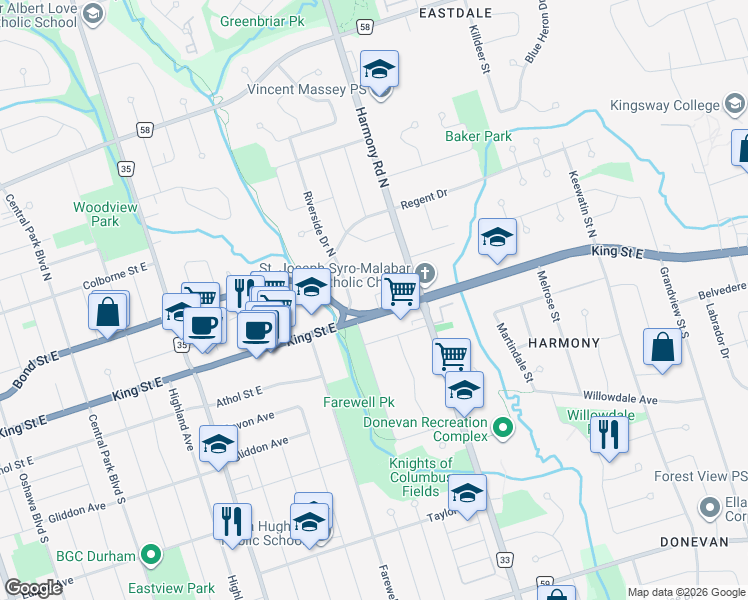 map of restaurants, bars, coffee shops, grocery stores, and more near in Oshawa