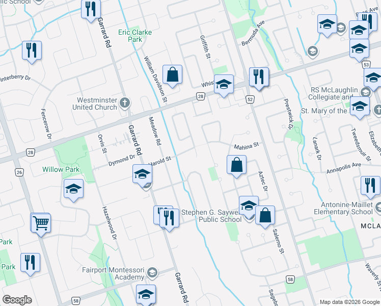 map of restaurants, bars, coffee shops, grocery stores, and more near 29 Harold Street in Whitby