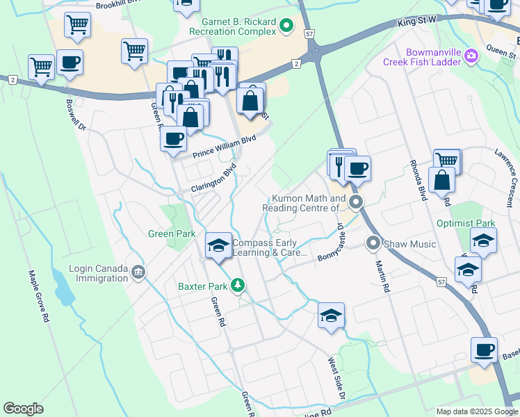 map of restaurants, bars, coffee shops, grocery stores, and more near 102 Aspen Springs Drive in Bowmanville