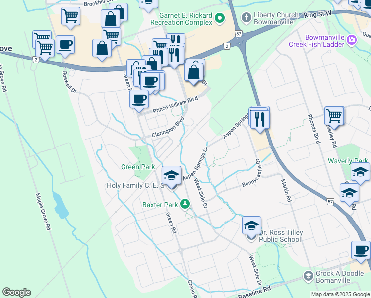 map of restaurants, bars, coffee shops, grocery stores, and more near 94 Aspen Springs Drive in Bowmanville