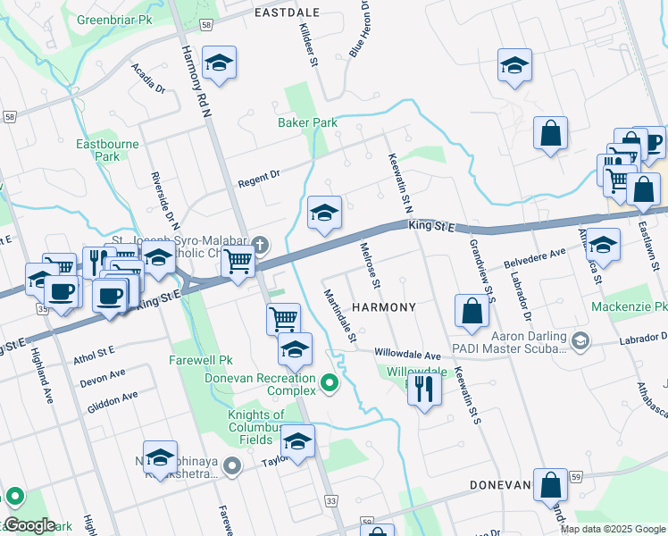 map of restaurants, bars, coffee shops, grocery stores, and more near 910 Queensdale Avenue in Oshawa
