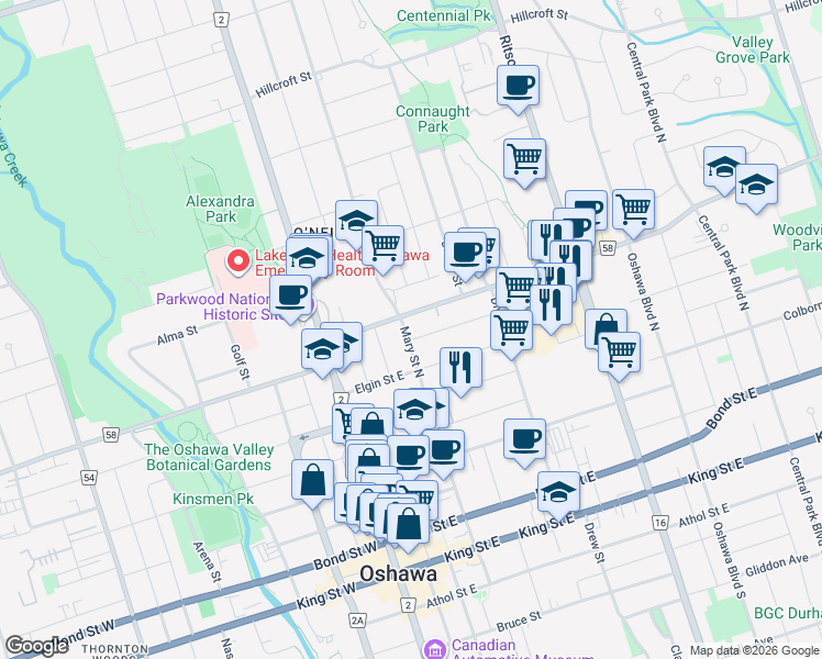 map of restaurants, bars, coffee shops, grocery stores, and more near 231 Mary Street North in Oshawa