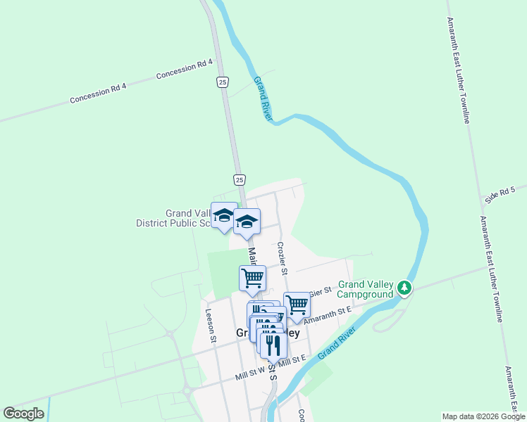 map of restaurants, bars, coffee shops, grocery stores, and more near 30 Joyce Court in Grand Valley