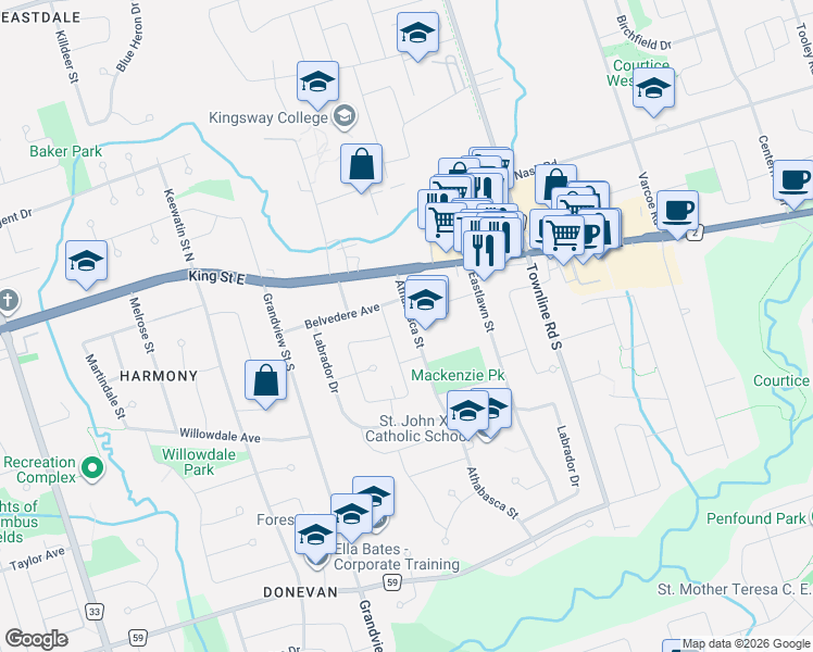map of restaurants, bars, coffee shops, grocery stores, and more near 58 Athabasca Street in Oshawa