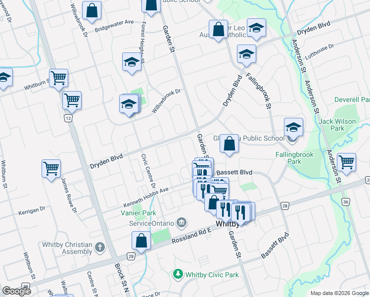 map of restaurants, bars, coffee shops, grocery stores, and more near 57 Foothill Street in Whitby